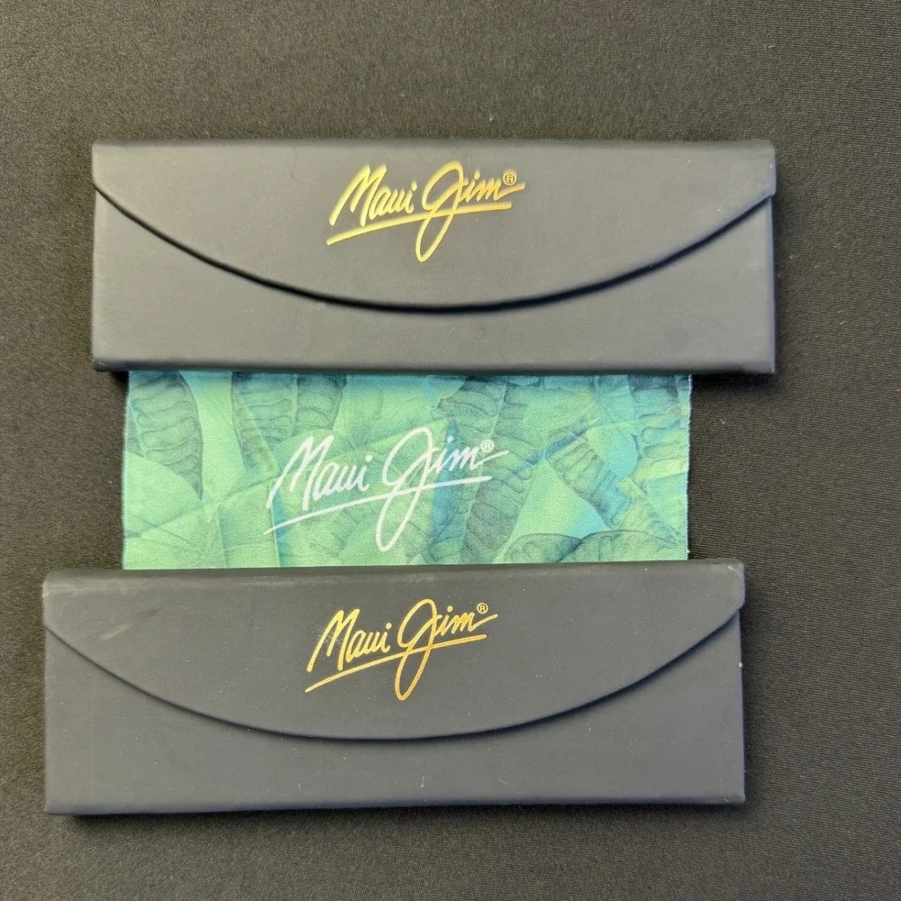 Maui Jim Sunglasses Case Set 2 Black Folding Hard Case Tropical Cleaning Cloth